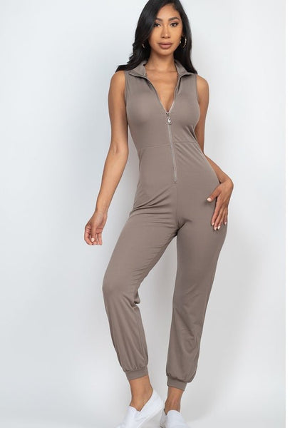 Our Best Polyester/Spandex Blend Sleeveless Stretch Knit Solid Color Front Zip Jumpsuit (Taupe)