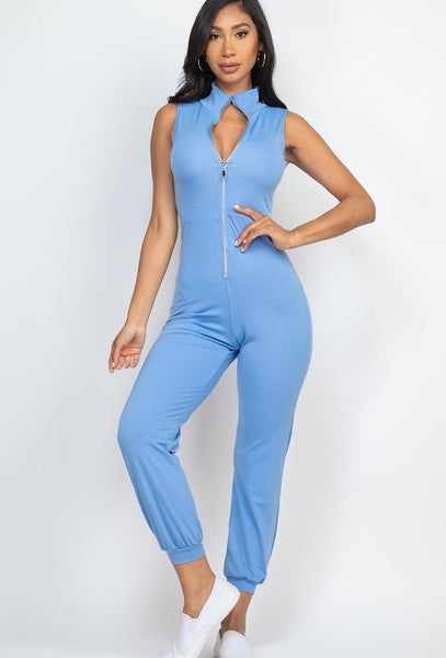 Our Best Polyester/Spandex Blend Sleeveless Stretch Knit Solid Color Front Zip Jumpsuit (Cloud)
