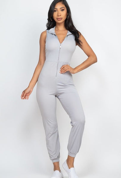 Our Best Polyester/Spandex Blend Sleeveless Stretch Knit Solid Color Front Zip Jumpsuit (Grey)