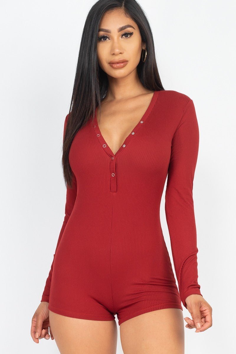 Our Best V-Neck Polyester/Spandex Ribbed Knit Long Sleeve Button Down Detail Bodycon Romper (Rust)
