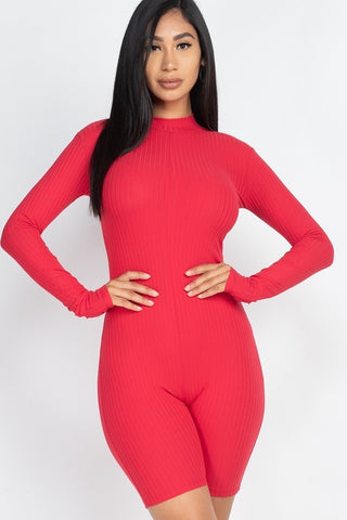 Ribbed Knit Polyester/Spandex Long Sleeve Solid Color Zip Back Romper (Red)