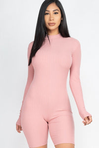 Ribbed Knit Polyester/Spandex Long Sleeve Solid Color Zip Back Romper (Mauve)