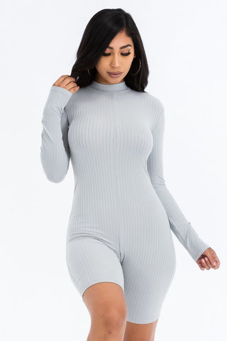 Ribbed Knit Polyester/Spandex Long Sleeve Solid Color Zip Back Romper (Grey)