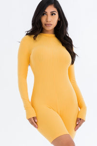 Ribbed Knit Polyester/Spandex Long Sleeve Solid Color Zip Back Romper (Gold)