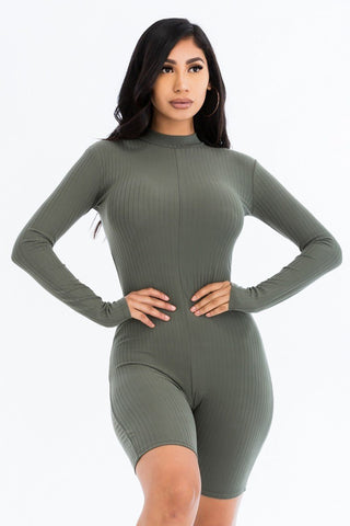 Ribbed Knit Polyester/Spandex Long Sleeve Solid Color Zip Back Romper (Olive)