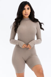 Ribbed Knit Polyester/Spandex Long Sleeve Solid Color Zip Back Romper (Taupe)