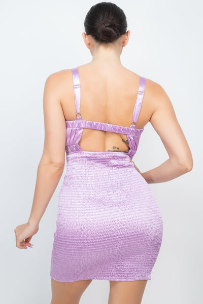 Gabby Gabardine Polyester Blend Satin Fabric Ruffle Trim Smocking Design Mini Dress (Ice Lavender)