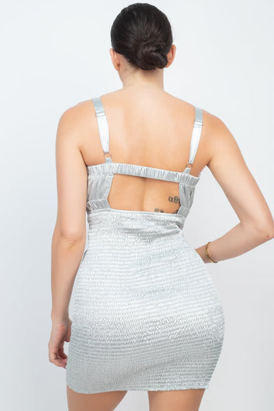 Gabby Gabardine 96% Polyester 4% Spandex Satin Fabric Ruffle Trim Smocking Design Mini Dress (Ice Sage)