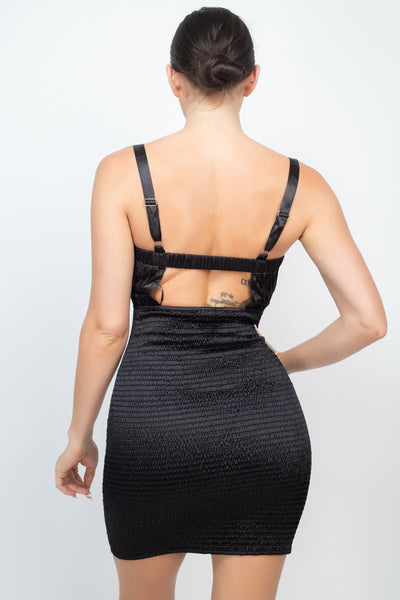 Gabby Gabardine Polyester Blend Satin Fabric Ruffle Trim Smocking Design Mini Dress (Black)
