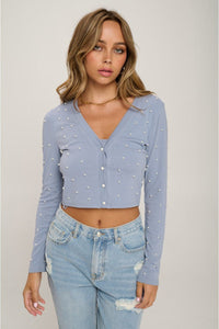 Our Best 60% Polyester 40% Cotton Two Piece Faux Pearl Crop Top Cardigan & Tank Top Set (Dusty Blue)