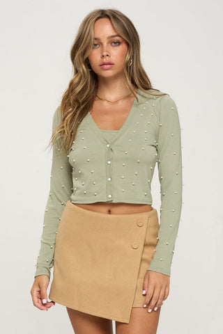 Our Best 60% Polyester 40% Cotton Two Piece Faux Pearl Crop Top Cardigan & Tank Top Set (Sage)