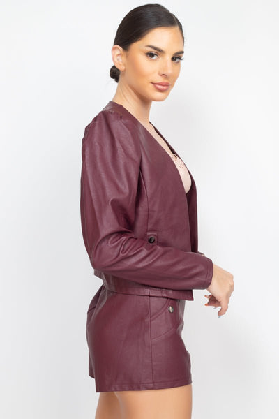 Our Best 100% Polyurethane Side Button Faux Leather Long Puff Sleeve Button Detail Jacket & High Rise Shorts Two Piece Set (Wine)