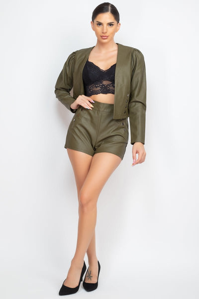 Our Best 100% Polyurethane Side Button Faux Leather Long Puff Sleeve Button Detail Jacket & High Rise Shorts Two Piece Set (Olive)