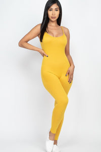 Brenda Bodycon Polyester/Spandex Scoop Neckline Sleeveless Open Back Bodycon Jumpsuit (Mustard)