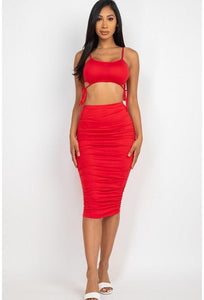Cassandra Care-Free Polyester Blend Cut-Out Tie Side Crop Top & Ruched Midi Skirt Two Piece Set (Red)