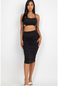 Cassandra Care-Free Polyester Blend Cut-Out Tie Side Crop Top & Ruched Midi Skirt Two Piece Set (Black)