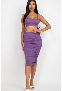 Cassandra Care-Free Polyester Blend Cut-Out Tie Side Crop Top & Ruched Midi Skirt Two Piece Set (Grape)