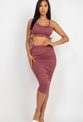 Cassandra Care-Free Polyester Blend Cut-Out Tie Side Crop Top & Ruched Midi Skirt Two Piece Set (Nocturne)