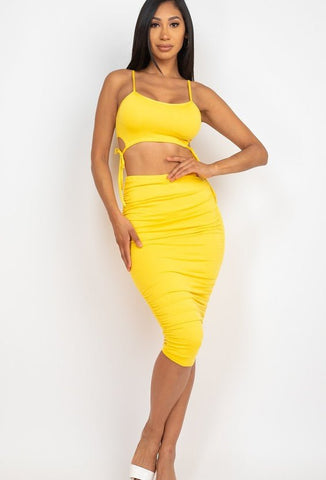 Cassandra Care-Free Polyester Blend Cut-out Detail Tie Side Crop Top & Ruched Midi Skirt Two Piece Set (Yellow)