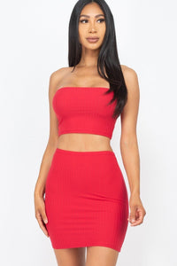 Our Best 92% Polyester 8% Spandex Stretch Knit Strapless Solid Color Ribbed Tube Top Mini Skirt Set (Red)
