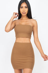 Our Best 92% Polyester 8% Spandex Stretch Knit Strapless Solid Color Ribbed Tube Top Mini Skirt Set (Mocha)