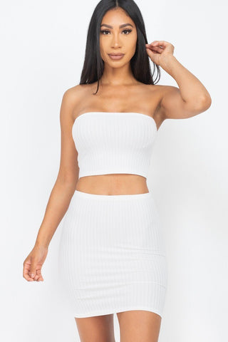 Our Best 92% Polyester 8% Spandex Stretch Knit Strapless Solid Color Ribbed Tube Top Mini Skirt Set (White)