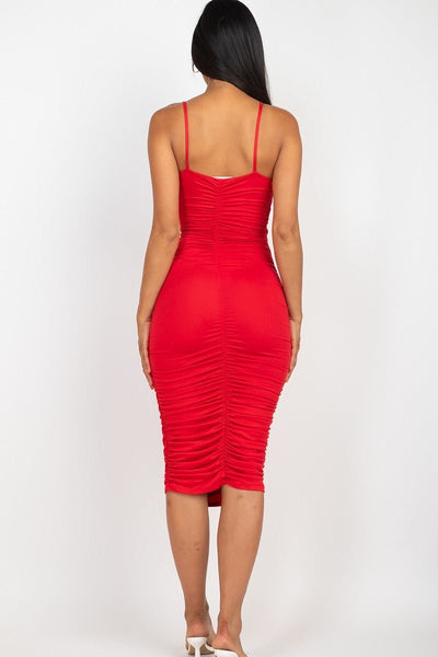 Swing Out Sister 92% Polyester 8% Spandex Stretch Knit Spaghetti Strap Cross Wrap Ruched Midi Dress (Red)
