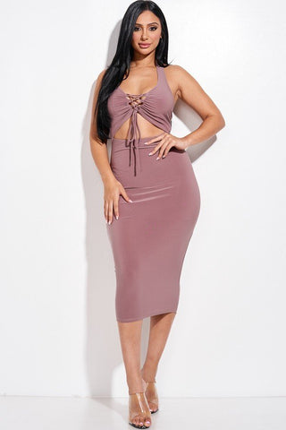 Solid Polyester/Spandex Halter Neck Midi Dress With Criss Cross Front Cut-out Detail Midi Dress (Mocha)