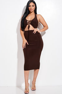Solid Polyester/Spandex Halter Neck Midi Dress With Criss Cross Front Cut-out Detail Midi Dress (Chocolate)