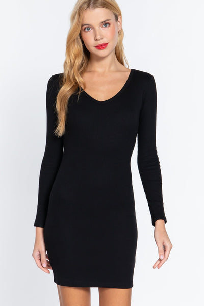 Lili Liliana 57% Cotton 38% Polyester 5% Spandex Long Sleeve V-neck Ribbed Mini Dress (Black)