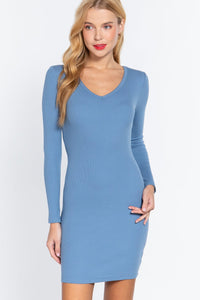 Lili Liliana 57% Cotton 38% Polyester 5% Spandex Long Sleeve V-neck Sweater Rib Mini Dress (Blue)