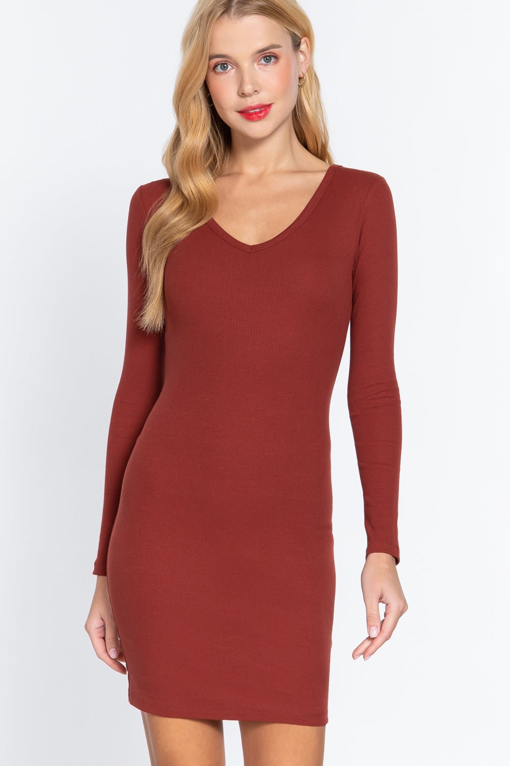 Lili Liliana 57% Cotton 38% Polyester 5% Spandex Long Sleeve V-neck Sweater Rib Mini Dress (Dark Rust)