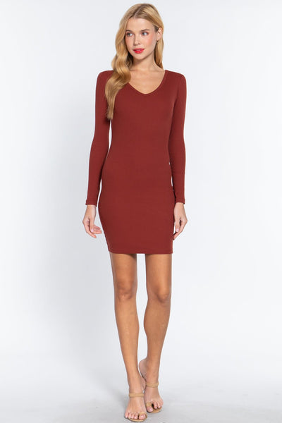 Lili Liliana 57% Cotton 38% Polyester 5% Spandex Long Sleeve V-neck Sweater Rib Mini Dress (Dark Rust)