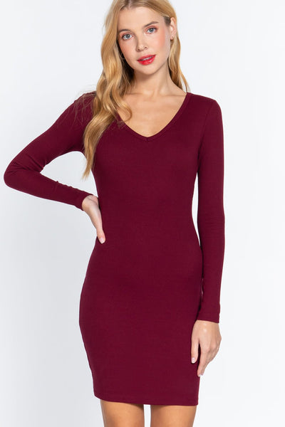 Lili Liliana 57% Cotton 38% Polyester 5% Spandex Long Sleeve V-neck Sweater Rib Mini Dress (Wine)