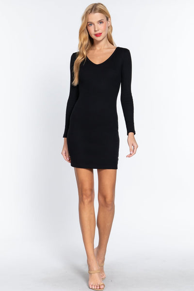 Lili Liliana 57% Cotton 38% Polyester 5% Spandex Long Sleeve V-neck Ribbed Mini Dress (Black)