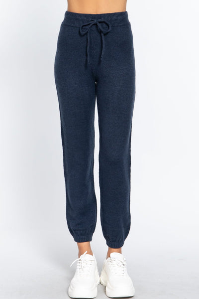 Our Best Polyester/Acrylic/Spandex Blend Drawstring Detail Wide Long Leg Sweater Pants (Ink Navy)