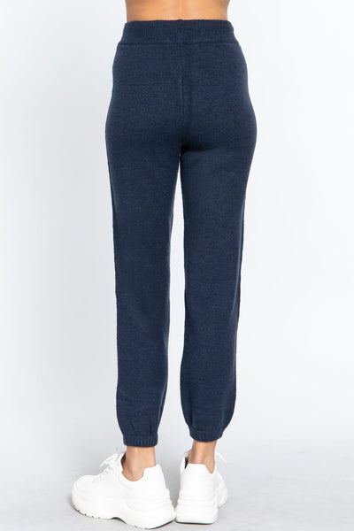 Our Best Polyester/Acrylic/Spandex Blend Drawstring Detail Wide Long Leg Sweater Pants (Ink Navy)