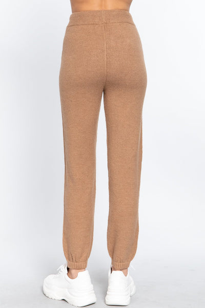Our Best Polyester/Acrylic/Spandex Blend Drawstring Detail Wide Long Leg Sweater Pants (Camel)