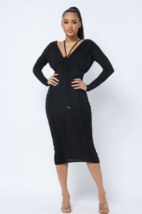 Long Sleeve 92% Polyester 8% Spandex Midi Dress Low V-neckline Front & Back Ruching On Sides Bodice & Chest (Black)