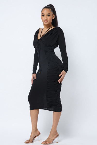 Long Sleeve 92% Polyester 8% Spandex Midi Dress Low V-neckline Front & Back Ruching On Sides Bodice & Chest (Black)