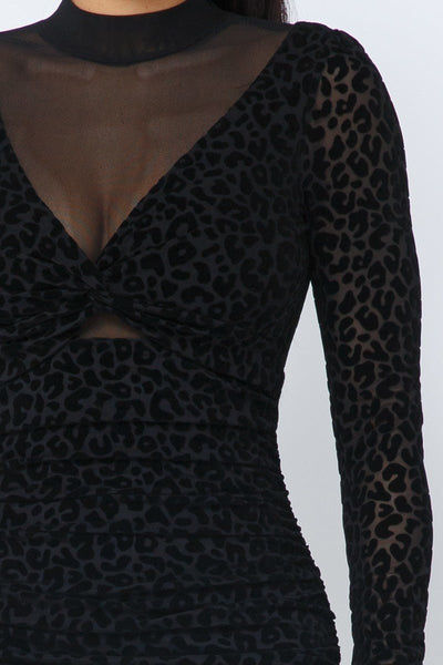 Samantha On Safari Polyester Blend Animal Print Long Sleeve Mock Neck See Through Detail Mini Dress (Black)