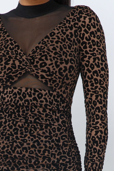 Samantha On Safari Polyester Blend Animal Print Long Sleeve Mock Neck See Through Detail Mini Dress (Brown)