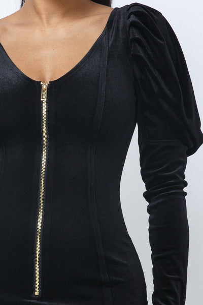 Our Best 92% Polyester 8% Spandex Soft Velvet Pleated Puff Sleeve Low V-neck Front & Back Mini Dress (Black)