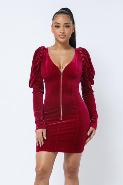 Penelope Party Time 92% Polyester 8% Spandex Soft Velvet Pleated Puff Sleeve Low V-neck Front & Back Mini Dress (Red)