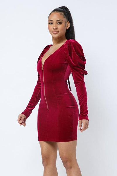 Penelope Party Time 92% Polyester 8% Spandex Soft Velvet Pleated Puff Sleeve Low V-neck Front & Back Mini Dress (Red)