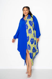 Plus Size Lovely Ladies 100% Polyester Two-Tone Floral Inset Color Contrast Drapy Shirt Maxi Dress (Royal Multi)