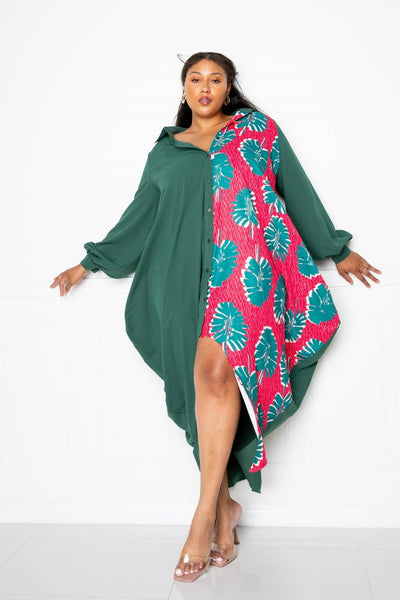 Plus Size Lovely Ladies 100% Polyester Two-Tone Floral Inset Color Contrast Drapy Shirt Maxi Dress (Teal Multi)