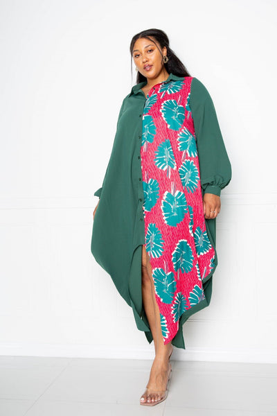 Plus Size Lovely Ladies 100% Polyester Two-Tone Floral Inset Color Contrast Drapy Shirt Maxi Dress (Teal Multi)