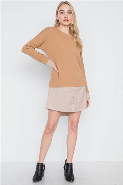 Deidra Drops-jaws 97% Polyester 3% Spandex Ribbed Knit Combo Ribbed Crew Neck Contrast Cuffs Long Sleeve Sweater Dress (Taupe)