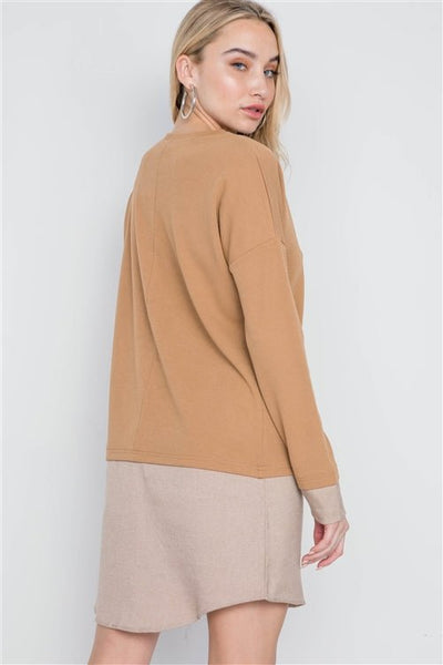 Deidra Drops-jaws 97% Polyester 3% Spandex Ribbed Knit Combo Ribbed Crew Neck Contrast Cuffs Long Sleeve Sweater Dress (Taupe)